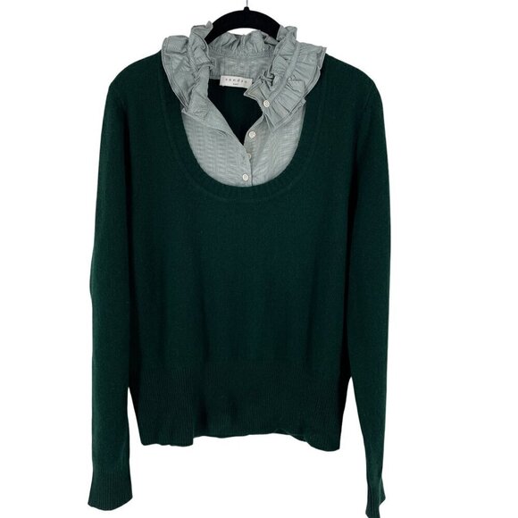 Sandro Bottle Green Ruffle Neck 100% Wool 100% Cotton Layered Pullover Sweater L - Picture 4 of 12